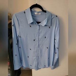 Blue button down with birds